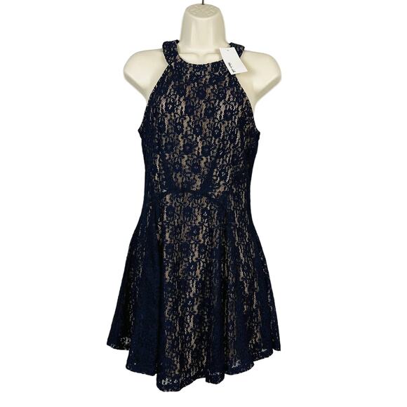 NEW! Bleuh Ciel Lace Halter Dress Mini Navy Nude Lining - M - Picture 1 of 5